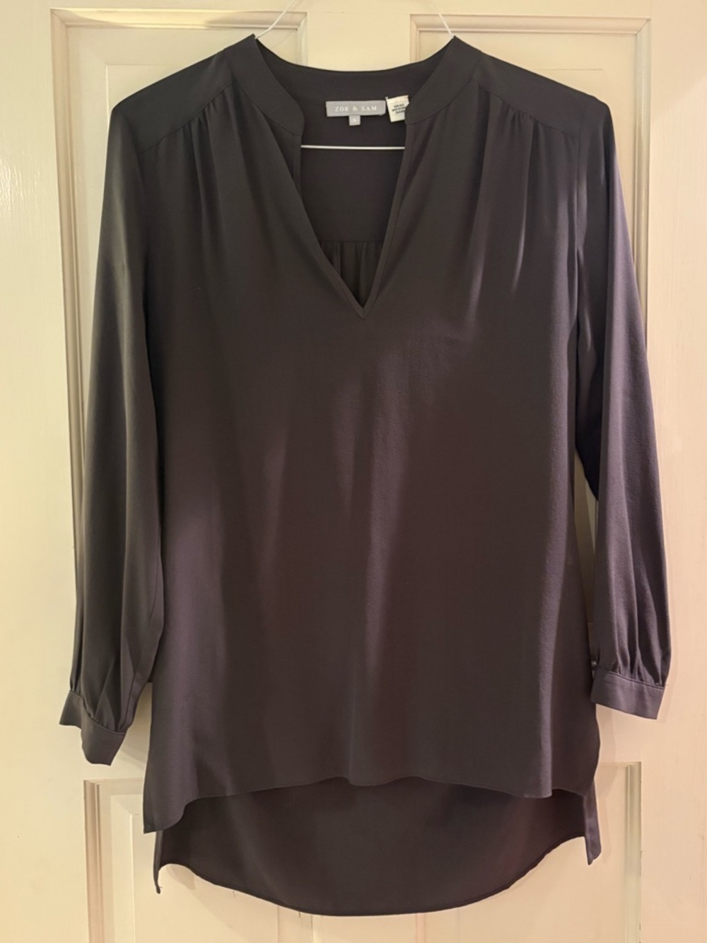 Zoe and Sam Women's Black Split-Neck Blouse. 100% silk.  Small